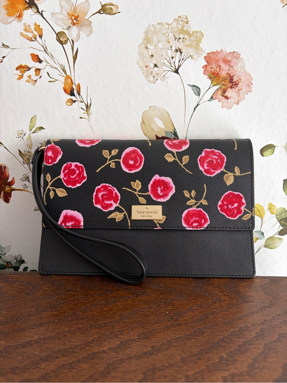 kate spade Black Floral Rose-Print Wristlet